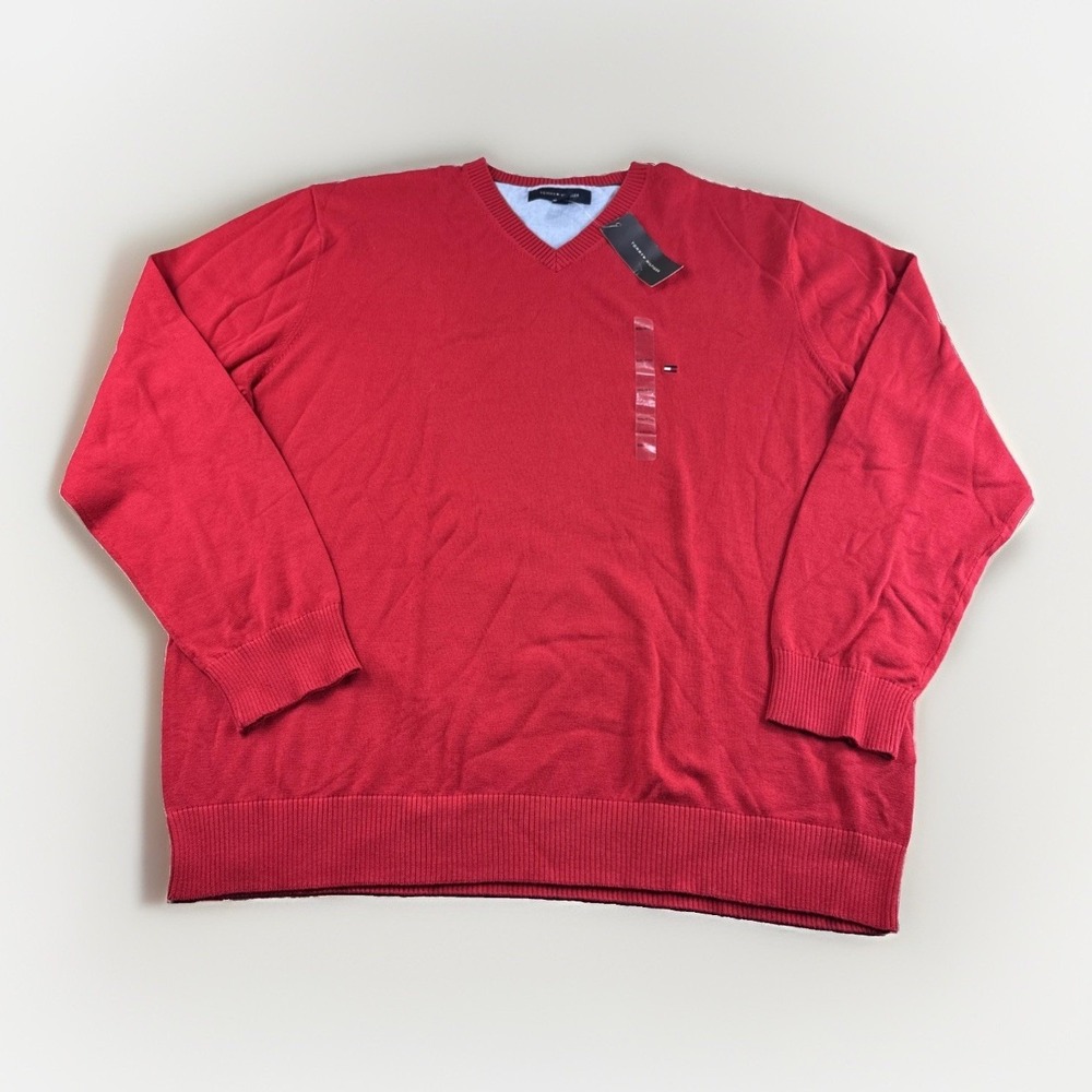 Tommy Hilfiger V-Neck Sweater Mens XXL Red Knit Sweatshirt Preppy Cotton Top NEW